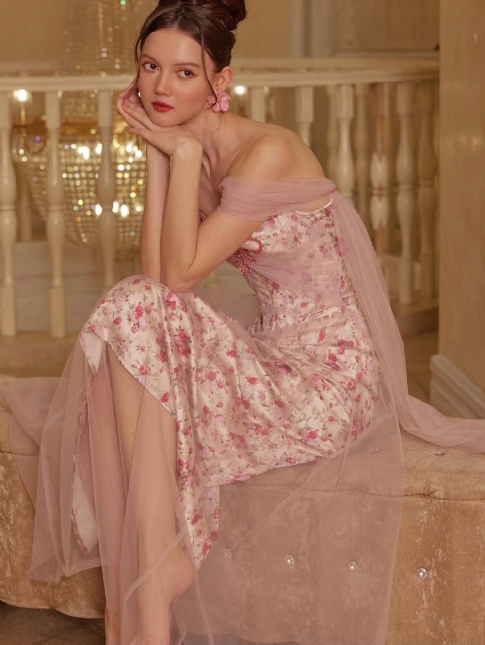 Lacemade Blush Pink Floral Off-Shoulder Dress Size XL